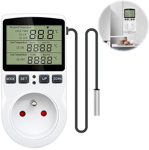 KBIBCK Thermostatsteckdose, Digitale Programmierbare Steckdose mit Sensor, Terrarienthermostat, Digitaler Temperaturregler mit Timer, Heizungsthermostatsteckdose für Gewächshaus, Aquarium (FR-Stecker)