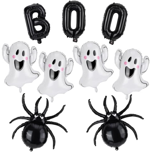 9pcs Halloween BOO Balloons Set, Spider Ghost Foil Decor Party Decorations | Cute Spooky Party Decorations for Halloween Birthday Baby Shower Supplies, White & Black