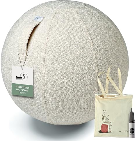VLUV® BOL Diva Bouclé Sitzball Büro ergonomisch - Gymnastikball mit waschbarem Stoffbezug, atmungsaktiv, Tragegriff und Wegrollschutz - für Schwangerschaft und Home Office - White - 60cm bis 65cm