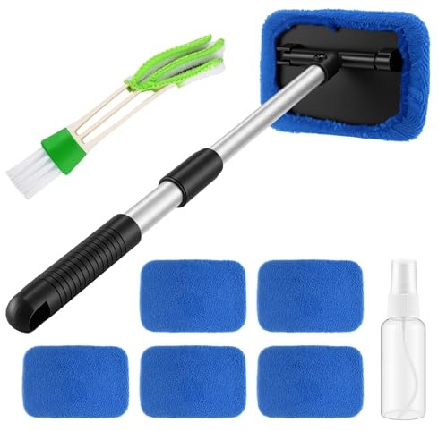 Wozzies Kit de Nettoyage Pare-Brise Voiture - Nettoyant pour Pare-Brise avec 6 Tampons Microfibres, Manche Télescopique Extensible et Tête Pivotante 180° (Bleu)
