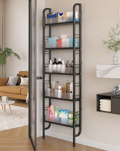 Ornestia Schmales Regal Hinter Tür, 5 Etagen Badezimmerregal | Schwarz, Metall Bücherregal, 9cm Tief, 44.5cm Breite, 160cm Hoch, Aufbewahrung für Küche, Ideal für Engen Räumen