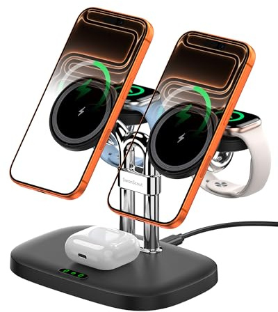 Caricatore Wireless 5 in 1 Doppio per iPhone e Apple Watch, per 2 Telefoni | Stazione di Ricarica Magnetico per iPhone Air/17,Compatibile con Magsafe, Ricarica Rapida 5W per Apple Watch 11/Ultra3/SE3