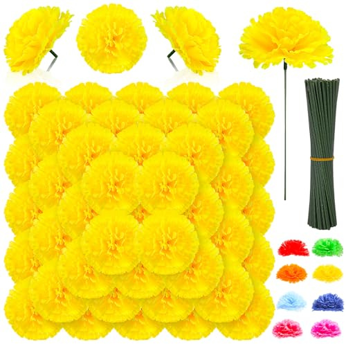 LELEE 108pcs Carnation Head Flowers with Stem, Yellow Artificial Carnations