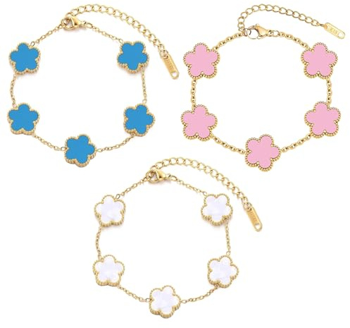 TENGWA 18k förgyllda smycken 3 stycken smycken guld vattentät 17 + 5 cm klöverarmband lycklig klöver present till födelsedag årsdag alla hjärtans dag mors dag eller nyår, Mittelgroße, Rostfritt stål