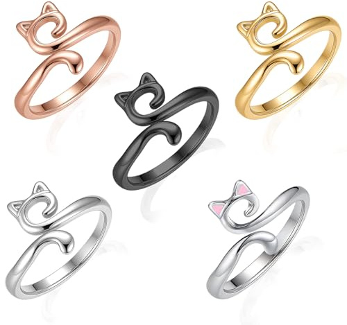 NZVQH 5 Piezas Anillos de Ganchillo Ajustables, Guía de Hilo Metal Forma de Gato, Accesorios para Tejer, Dedal de Tensión para Proteger Dedos, Regalo para Amantes de Manualidades, Multicolor