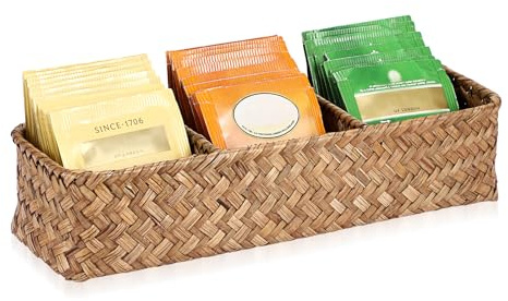 BSTKEY Tea Bag Organizer Coffee Pod Basket with 3 Small Compartment, Coffee | Wicker Woven Divided Drink Sugar Packet Holder Kitchen Seasoning Spice Packet Storage Organizer (No Tea Bag)