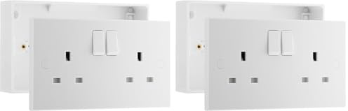 BG Electrical Double Switched Power Plug Wall Socket and 32mm Surface Mounted Back Box, 2 Gang Pattress Box, Square Edge, Nexus 900 Series, White Moulded, IP20, 13A, 922/902 (Pack of 2)