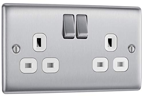 BG Electrical Double Switched Power Plug Wall Socket, Nexus Metal, Brushed Steel, White Inserts, 13A, NBS22W