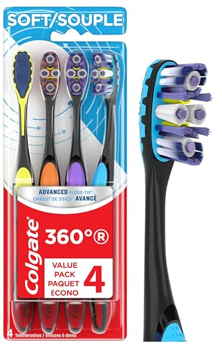 Colgate 360 Advanced Floss Tip Soft Bristle Toothbrush, 17x Thinner Bristles for Deep Reach Between Teeth, Ergonomic Handle with Soft Bristles and Tongue Cleaner, 4 Pack
