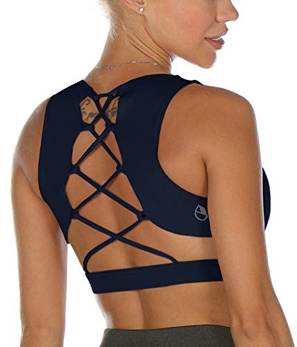 icyzone Femme Soutien-Gorge de Yoga Dos Croisé Brassière avec Coussinets Amovible pour Fitness Sport (Bleu Marine, L)