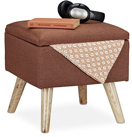 Relaxdays Hocker mit Stauraum, Kunstleinen-Bezug, gepolstert, braun | Holzbeine, Fußhocker mit Deckel, HBT: 40x40x40 cm