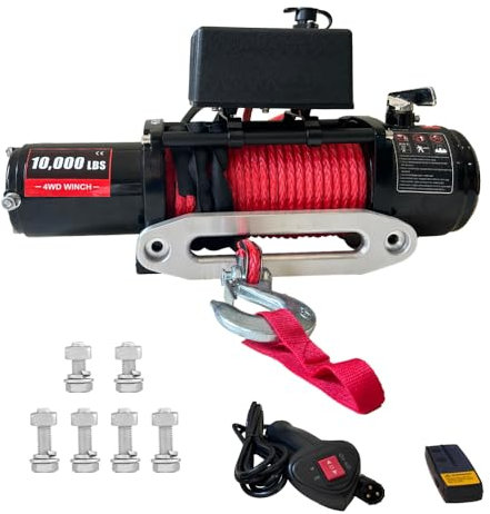 Chic Muse 10000lbs Electric Vehicle Winch, Waterproof IP67 85ft Red Synthetic Rope Truck Winch with Wireless Handheld Remote, 12V Power Winch Winch for Towing UTV Off Road Vehicle