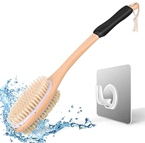 Ergonomically Back Scrubber for Shower - Double-Sided Back Brush Long Handle for Shower, Wet & Dry Brush for Cellulite and Lymphatic (Black)