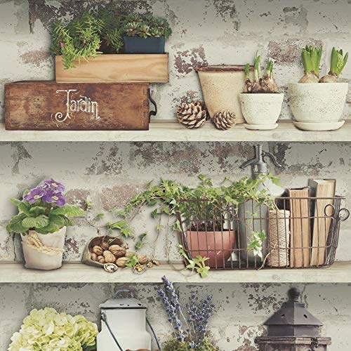 Shades Flower Pots Wallpaper Garden Rustic Shelves Distressed Green Grey White Sample