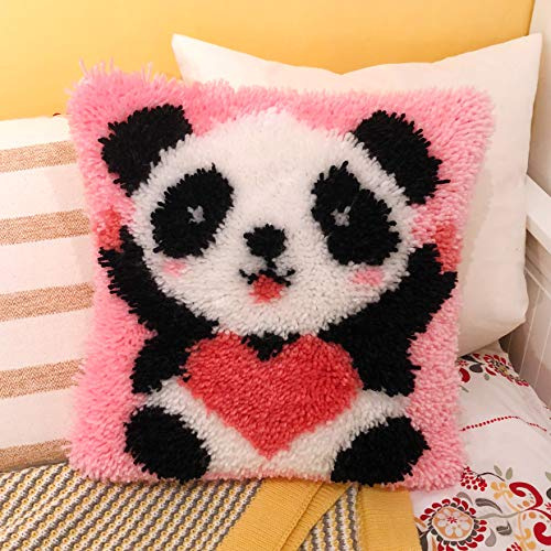 HAPYPando Kit de crochets à loquet 43,2 x 43,2 cm - Motif de housse de coussin imprimé à faire soi-même pour enfants et adultes - Cadeau pour la famille, les amis - Tapis mignon panda cœur rose