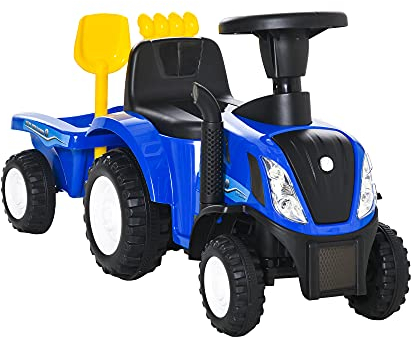HOMCOM Sitzbagger New Holland Aufsitzbagger mit Lenkrad Lichtern Schaufel Kinderbagger mit Stauraum unter Sitz Rutschauto Baggerfahrzeug zum Sitzen bis 25kg, Draufsitzen für Kinder 1-3 Jahre Blau