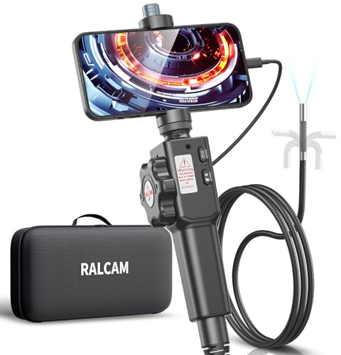 Ralcam Telecamera Endoscopica Endoscopio Industriale - Sonda Telecamera 720p 5.5mm Boroscopio Snake a 180° a due vie, 1m Cavo Semirigido 6 luci LED Regolabili, per iOS Android Smartphone