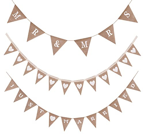 SUNNEY 3 Stück Hochzeitsdeko Wimpelkette Just Married Vintage Herz Hessischen Mr Mrs Jute Bunting Banner für Hochzeit Braut Verlobung Dekoration