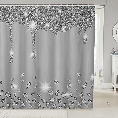 Loussiesd Silber Glitzer Duschvorhang 180x210cm (kein Glitzer) Bling Party Deko grau Badezimmer Stoff für Diamanten und Schmuck Duschvorhang Textil wasserdichte Vorhänge Stall Badewannen Deko