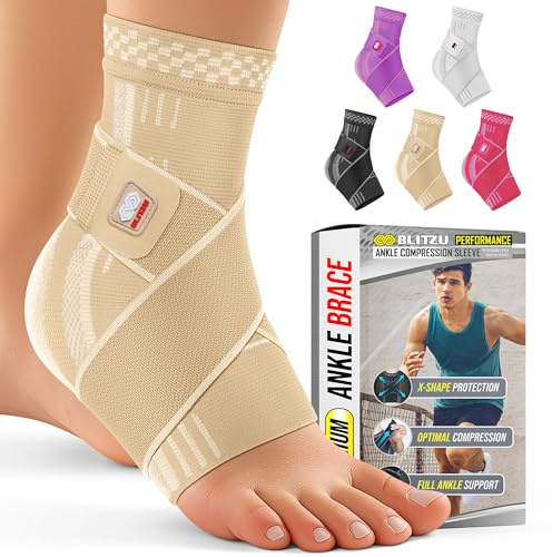 BLITZU Ankle Brace for Women, Men, Plantar Fasciitis Relief, Achilles Tendonitis Brace for Sprained Foot, Ankle Compression Sleeve with Strap Nude M