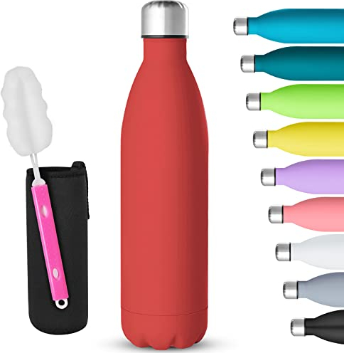 GeeRic Bottiglia Termica 750ML Opaco Borraccia in Acciaio Inox+Spazzola+Borsa Portatile Bottiglia d'Acqua Sportiva Tenere 12H Caldo/24 Freddo Borraccia Termica per Campeggio,Scuola,Sport Rosso