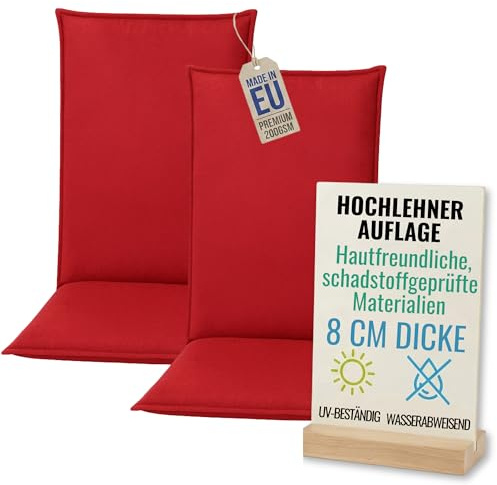 Pillows24 - Hochlehner Auflagen 2er Set - 120x50cm – 8cm Dick - Premium-Material 200gsm, UV- & Wasserabweisend | Sitzauflagen Hochlehner | Gartenstuhlauflagen für Gartenmöbel | Rot