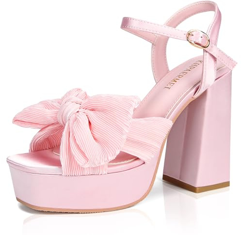 KHPAERMEI Bow Knot Platform Heels for Women Fashion Open Toe Chunky Heeled Sandals Ankle Strap Wedding Party Dress High Heels