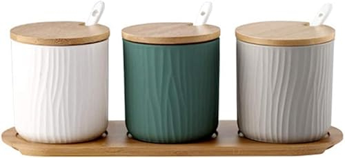 GImLY Juego de 3 tarros de Especias de cerámica con azucarero de Tres Colores con Tapa de bambú y Cuchara de cerámica para el hogar y la Cocina