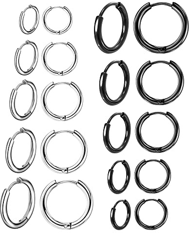 BOUTIQUELOVIN 10 Pairs Stainless Steel Hoop Earrings for Men Small Black Hoop Earrings Set Mens Hypoallergenic Huggie Hoops Earing