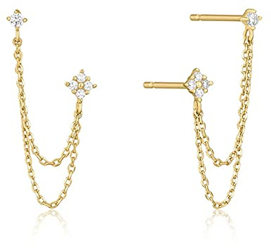 BSLVWG Dangling Earrings,4 Prong CZ Runde Stud mit Kette Manschette S925 Sterling Silber Ohrringe für Frauen Mädchen Knorpel Doppel Piercing Löcher Mode Chic Minimalist Climber Crawler Hypoallergenic