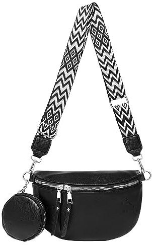 MANNUOSI bauchtasche damen Leder Crossbody Bag Damen Umhängetasche Damen Breiter gurt Geldbörse Schultertaschen Mode Hüfttaschen Klein Moderne Breitem Schultergurt Schwarz B