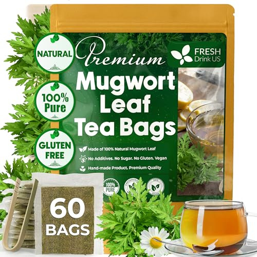 FreshDrinkUS, Premium 60 Mugwort Leaf Tea Bags, 100% Natural and Pure Mugwort Leaves. No Sugar, No Caffeine, No Gluten, Vegan.