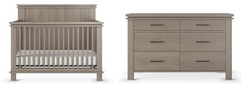 Child Craft Denman Design 4-in-1 Convertible Baby Crib Nursery Furniture Set, Baby Bed and 6 Drawers Double Dresser, for Babies, Toddlers and Kids Bedroom (2 Piece - Crescent Gray)
