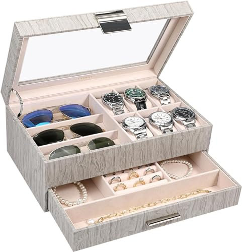 LANDICI Caja organizadora de relojes para hombres y mujeres, 2 capas, 6 ranuras, piel sintética, con parte superior de cristal, soporte grande para exhibición de joyas para gafas de sol, collar,
