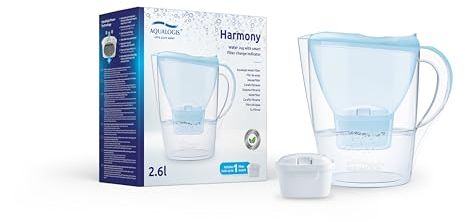 Aqualogis Harmony Carafe filtrante pour réfrigérateur 2,6 l pour réduction des microplastiques, du calcaire, du chlore, du goût et des odeurs, sans BPA, (modèle de filtre de rechange : Pure+) (bleu