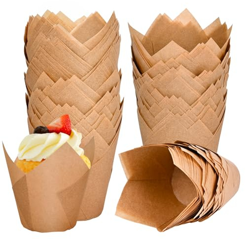 Neyimqr 120 Count Natural Tulip Cupcake Liners for Baking Cups, Food Grade Parchment Paper Muffin Liners Holders, Standard Tulip Cupcake Liners, Greaseproof Cupcake Wrappers for Party, Christmas