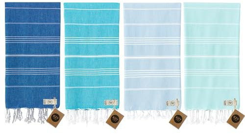 KZY LONDON Strandtuch, 4 Stück, türkische Strandtücher für Camping, Schwimmen, Fitnessstudio – schnell trocknend, leicht, Baumwolle, 90 x 180 cm, Hamamtücher für Erwachsene (4er-Set, Blau, Türkis,