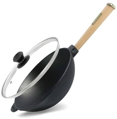 Wok Padella Ø 26 cm, 2,8 l, in ghisa con manico in legno, coperchio in vetro, padella per wok Asia a induzione
