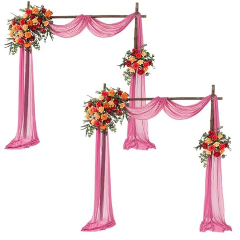 Mateju 2 Stück Hochzeit Vorhang Hochzeitsbogen Einfarbig Tüll Querbehang Set Freihanddekofür Himmelbett Chiffon Stoff Gardinen Deko für Torbogen Zeremonie Fotografie Party (Rosa Farbe,75x600cm)