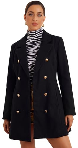 Allegra K Winter Overcoat for Women's Notch Lapel Double Breasted Coats Black L
