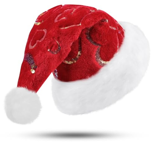 PUZAUKAL Weihnachtsmütze mit Pailletten Glitzer, Nikolausmütze Erwachsene | Unisex Weihnachtsmann Mütze Lustige Weihnachtshut Weihnachtsfeier Party, Warme Wintermütze Damen Herren Geschenk，Rot