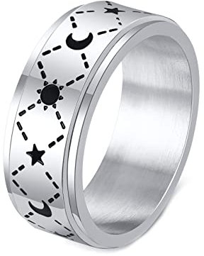 Grewod Angst Ring, 8MM Edelstahl Herren Ring Silber Spinner Ring Sonne und Mond Anti Stress Ring Größe 62 (19.7)