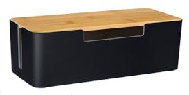 BUYSK ABS Cord Organizer Box with Wooden Lid, Cable Management Box for Power Strips or Surge Protectors, Desk Cable Tidy Box for Office Home (Black)