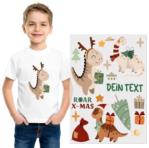 GRAZDesign Bügelbild Dino Set Weihnachten mit Namen DIN A4 Aufbügler Dinosaurier Bügelbild für Jungs