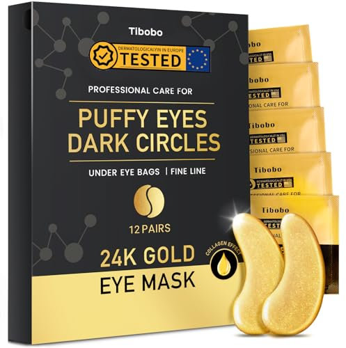 24K Gold Under Eye Patches, 12 Pairs Gel Eye Pads Skincare, Collagen Hyaluronic Acid, Against Dark Circles, Self Care Mask for Bags, Puffiness, Wrinkle Removal, Dermatologically Tested