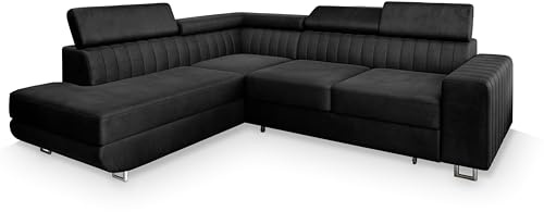 Masseno Ecksofa NOLA L-S mit Schlaffunktion L-Form, Klassisch Sofa mit Bettkasten, Wohnzimmersofa, Couch, Soffa, Bettsofa, Couchgarnitur - Schwarz, Monolith 95