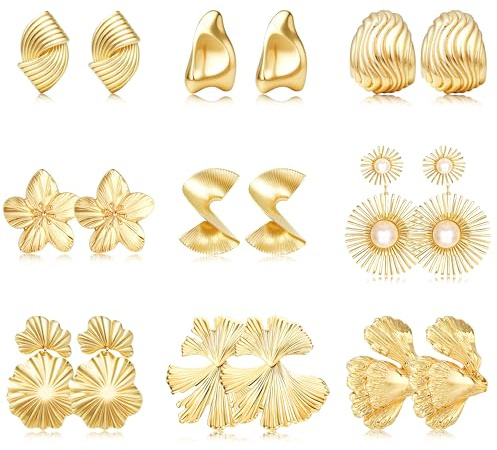MILACOLATO 9Paires Boucle D'oreille Clip Plaqué Or pour Femmes Non Percée Pendante Grande Boucle d'oreille Feuille Géométrie de Ensemble GA