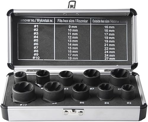 10-PC Impact Nut Extractor Set - Professional Grade Bolt Remover Tool Kit for Damaged/Rusted/Rounded Bolts & Screws, Heat-Treated S2 Steel with Aluminum Case (Black)