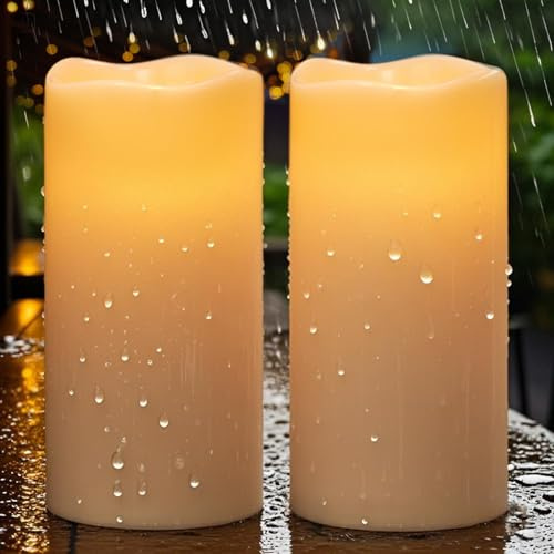 Eldnacele Solar Kerzen Outdoor, wasserdichtes 2er Set Ø 10 × 20 cm | Outdoor Kerzen, LED Kerzen für außen, wasserdicht, Dämmerungsschalter, cremefarben, Kunststoff, flackernd, Garten