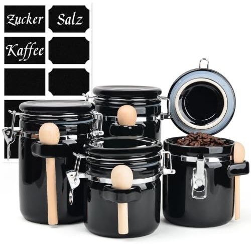 ZEEBERBO 4 Stück Keramik Vorratsdosen Set, Luftdichte Küchen Kanister mit Metallverschluss, Holzlöffel, Kreideetiketten & Marker Für Zucker Kaffee Mehl Tee Vorratsaufbewahrung (Schwarz)